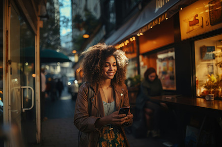 Young beautiful african american woman using mobile phone in eve, a Person Photo by AS photostudio