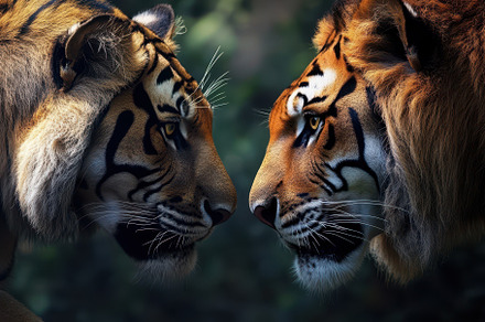 Lion and tiger face off in jungle sh, a Photo by Iftikhar Alam