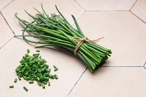Freshly cut chives tied with twine on a tiled surface, a Photo by Olena Rudo