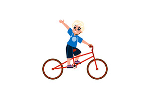 Blond boy riding a bicycle waving, a Sport Illustration by pikepicture