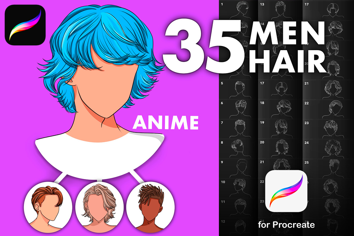 Procreate anime male hairstyle brush, a Brush Add-On by AppleinaJuice (Photo 1 of 6)