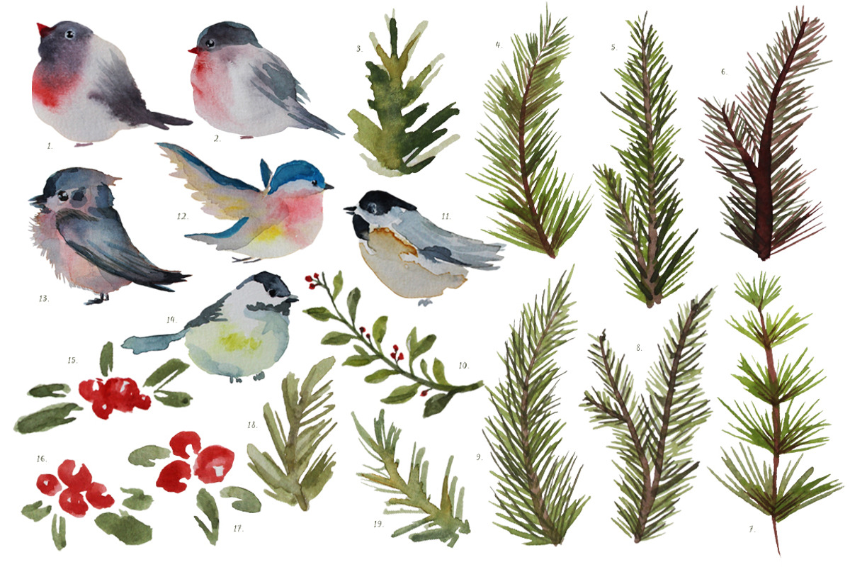Watercolor Winter Birds and Branches, an Illustration by RalucaGheorghe (Photo 2 of 4)