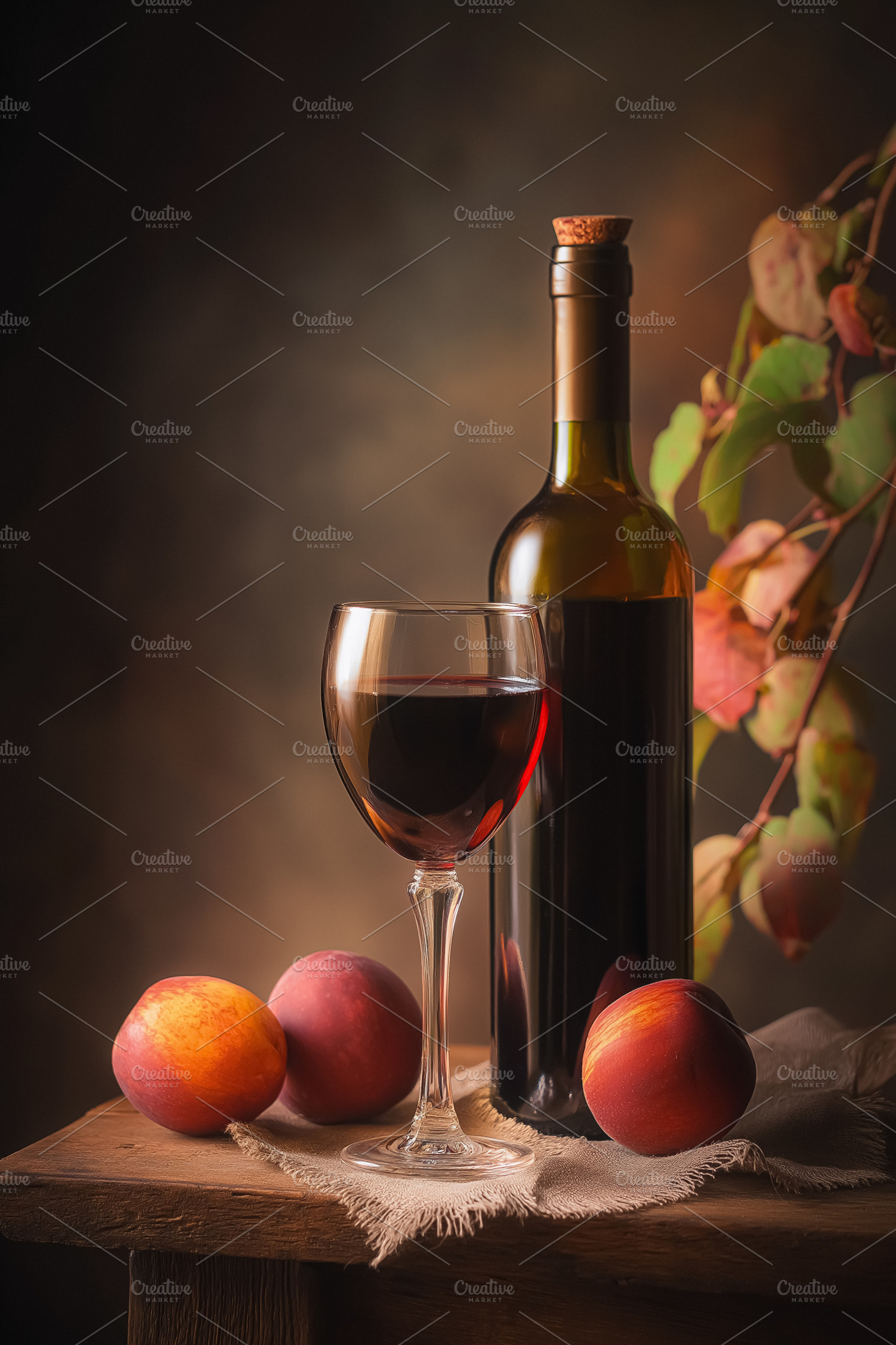 Red wine bottle and full glass with fresh peaches creating a rustic still life, a Food & Drink Photo by Studio ANNA