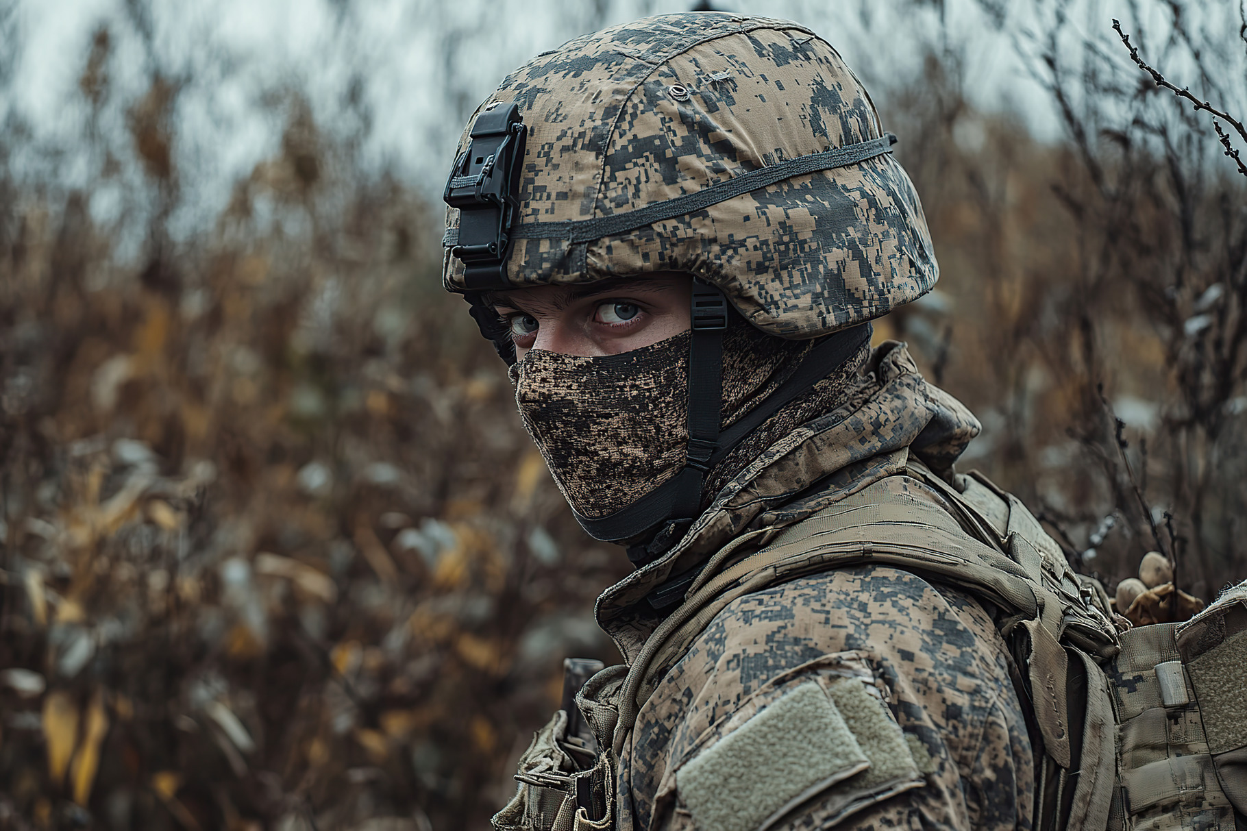 Portrait of soldier with assault rifle in military uniform, a Person ...