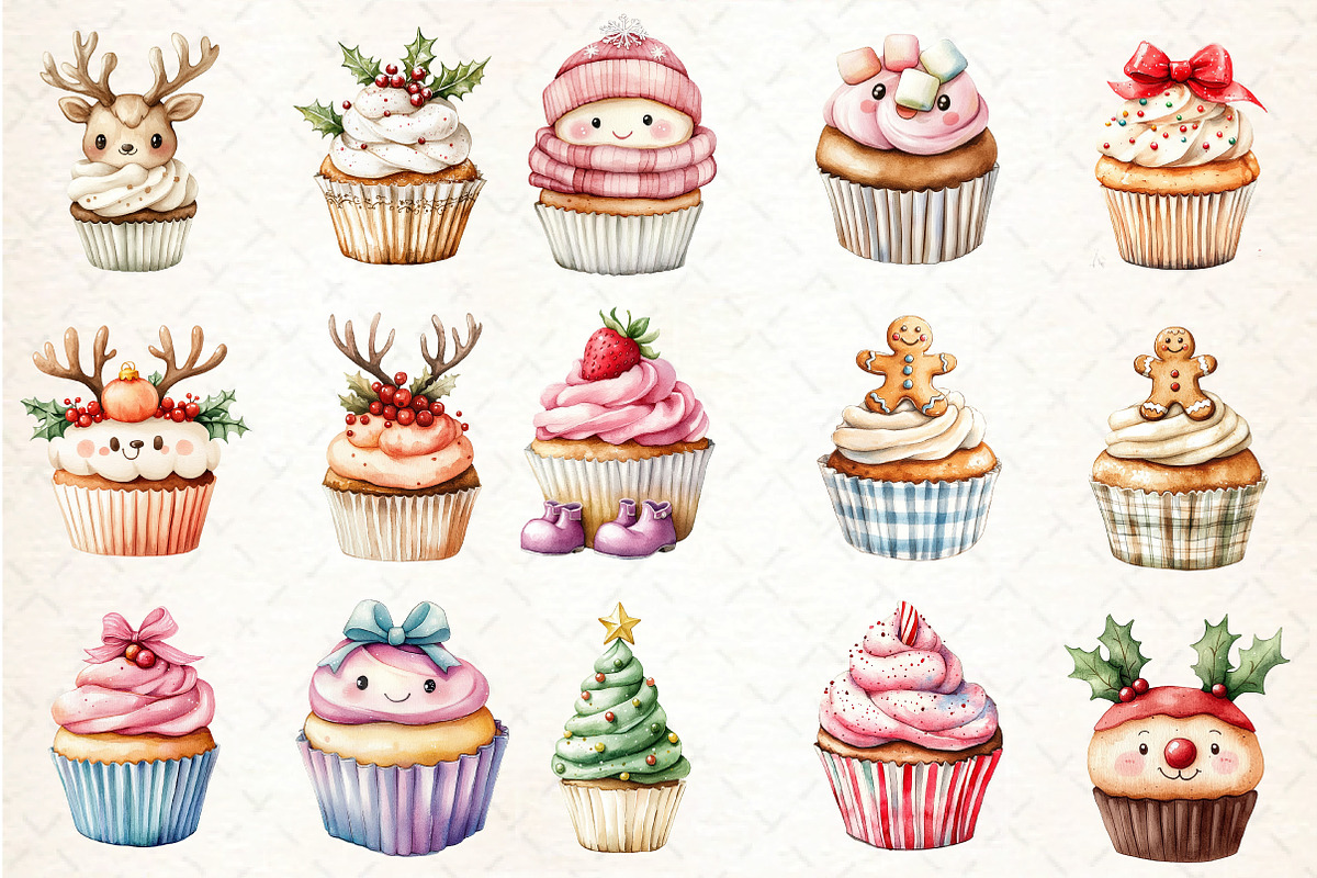 Christmas Kawaii Cupcakes Clipart, an Illustration by DreamCafeArt (Photo 4 of 5)