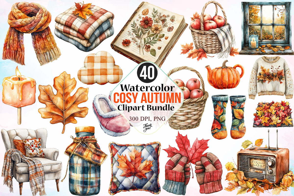 Watercolor Cosy Autumn Clipart PNG, a Seasonal Illustration by Canvas Craft (Photo 1 of 3)