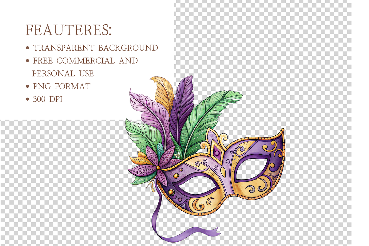 Watercolor Mardi Gras Clipart Bundle, an Illustration by MockupWizard (Photo 4 of 4)