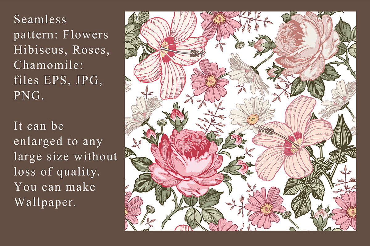 Set Seamless Flowers Rose Hibiscus, a Pattern Graphic by Vintage (Photo 2 of 10)