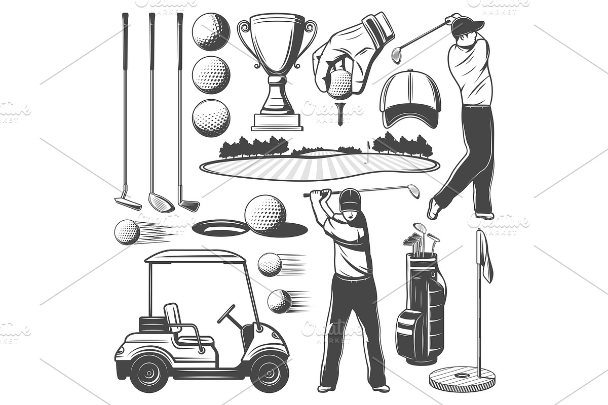 Golf sporting items, player icons, a Person Illustration by Vector Tradition