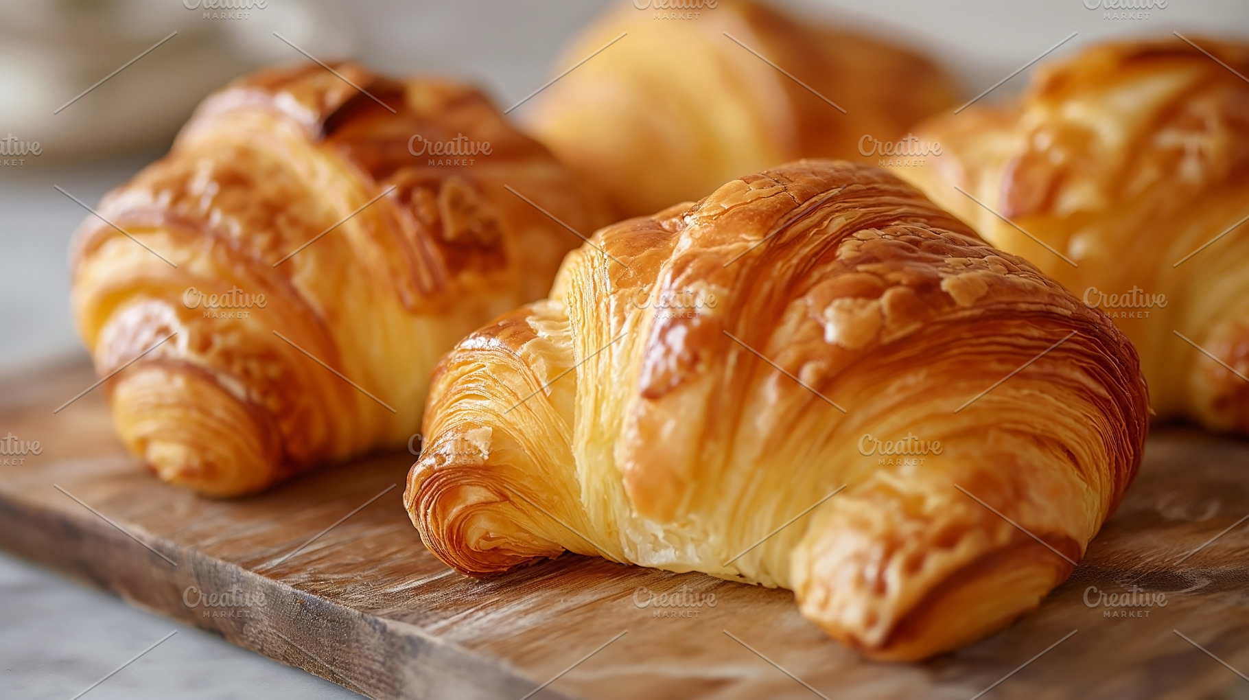 Freshly baked golden croissants arranged on a wooden board, disp, a Food & Drink Photo by ImageMir