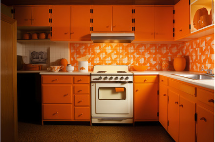 Retro orange kitchen. Generate Ai, a Food & Drink Photo by Ylivdesign