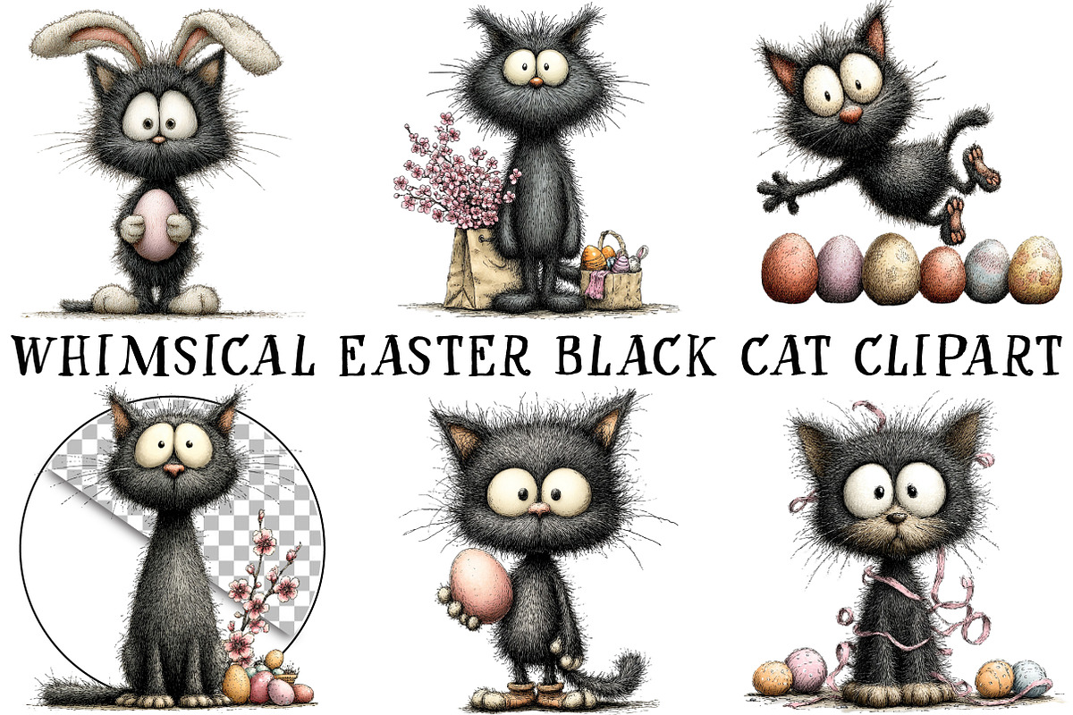 Whimsical Easter Black Cat Clipart, an Illustration by OK Design (Photo 2 of 6)