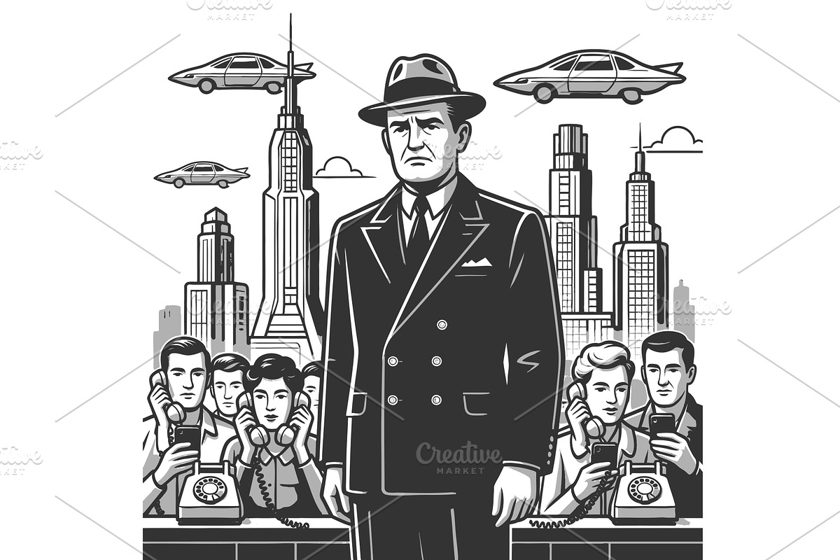 Vintage Man in Futuristic City with, a Person Illustration by AlexArt