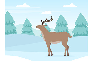 Brown Deer With Antlers On Snow