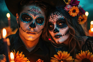 Portrait of young couple with sugar skull makeup, parade in Mexico city, makeup, a Person Photo by AlyaAnd