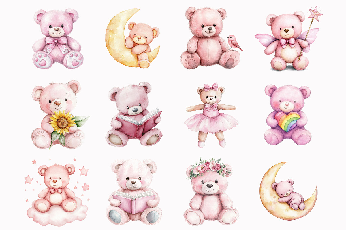 Watercolor Pink Teddy Bear Clipart, a Seasonal Illustration by Design Market (Photo 3 of 3)