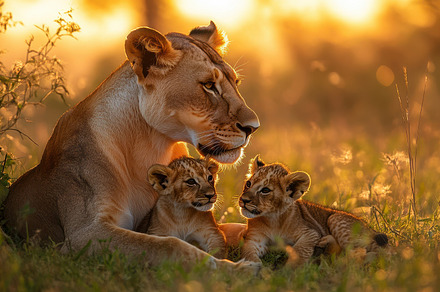 Lioness with cubs in golden light, a, a Background Photo by Pixeness