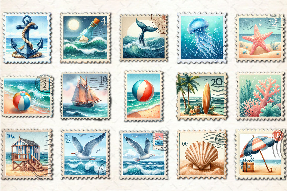 Summer Coastal Postage Stamp Clipart, an Illustration by Rose Art (Photo 2 of 4)