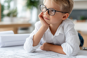 Thoughtful young boy in glasses lean, a Business Photo by MistyDay
