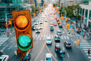 Green traffic light in a busy urban setting, a Transportation Photo by AlyaAnd