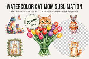 Watercolor Cat Mom Sublimation PNG, an Illustration by Artnoy
