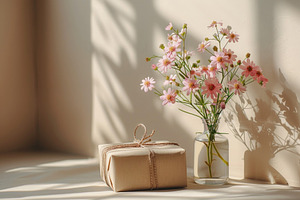 Minimal gift box with pink flowers in glass vase and warm sunlig, a Holiday Photo by José Manuel Gelpi