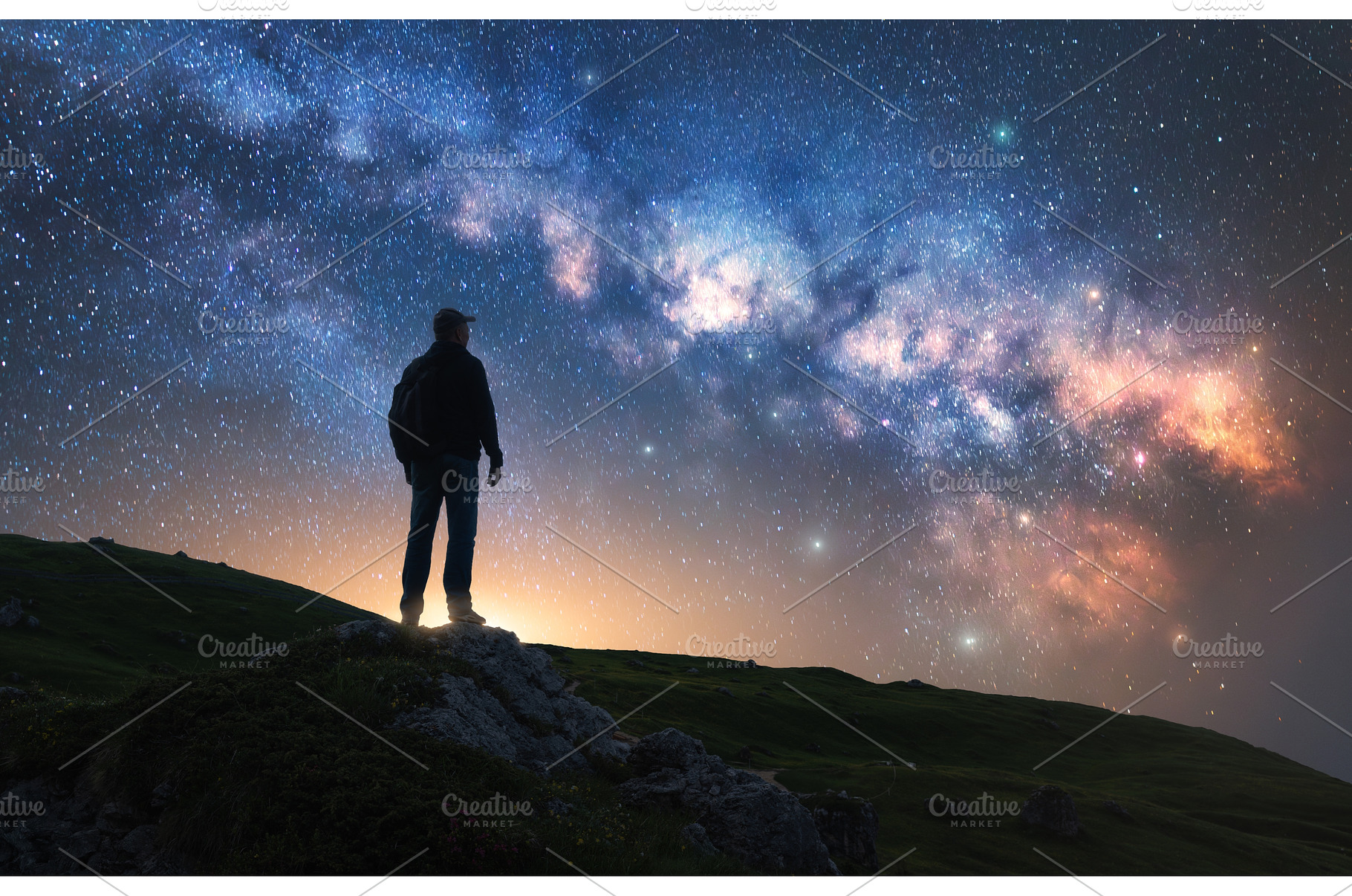 Glowing Milky Way and man on, a Nature Photo by den-belitsky