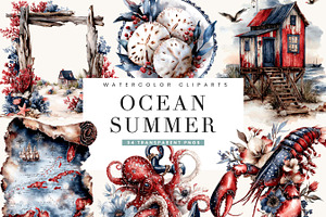 Watercolor Ocean Summer Clipart, a Seasonal Illustration by BusyDaydesign