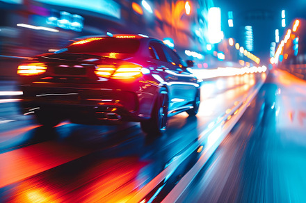 Dynamic night drive of a sleek black, a Photo by Tanuart