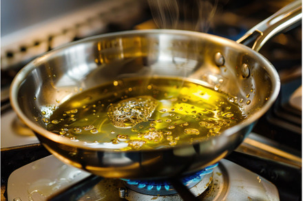 Hot boiling oil in frying pan on gas, a Food & Drink Photo by Ylivdesign