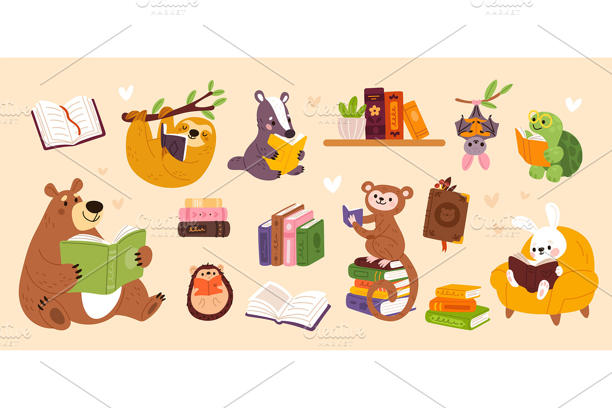Cute animals with books. Funny fauna, an Object Illustration by YummyBuum