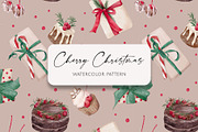 CHERRY CHRISTMAS watercolor pattern, a Seasonal Illustration by Yuliia Lashevska (Thumbnail 1 of 10)