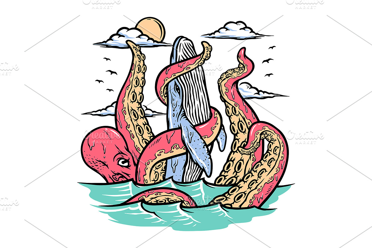 Giant octopus attacks whales, an Animal Illustration by gunaonedesign (Photo 1 of 4)