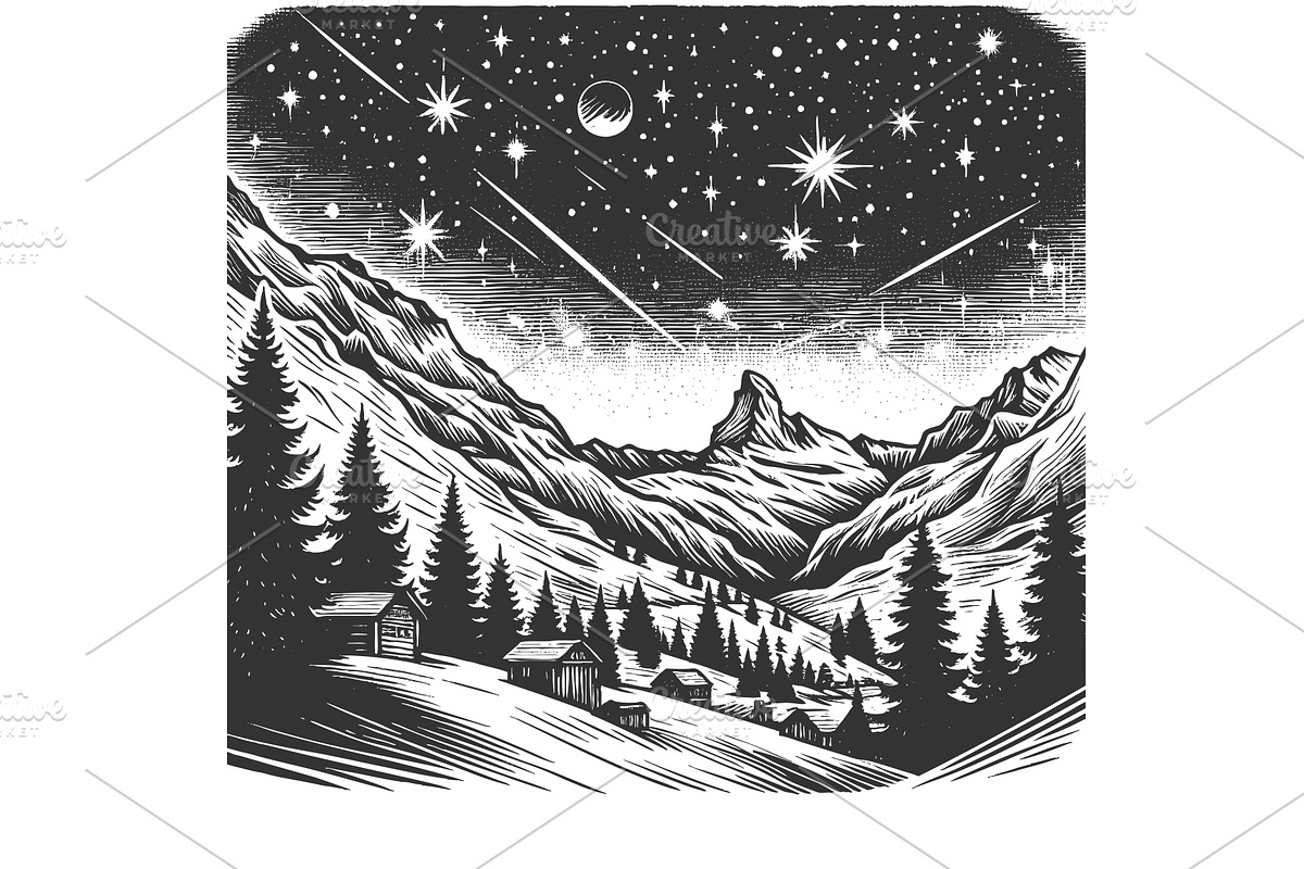 Night Sky Over Mountain Landscape, an Illustration by AlexArt