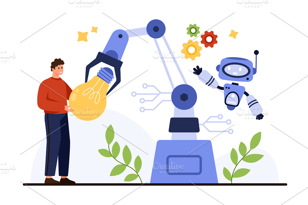 Robot Arm Automation with Human and, a Technology Illustration by Flashvector