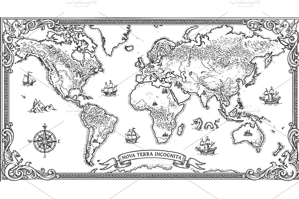 Fantasy vintage world map with sea, an Illustration by AlexArt