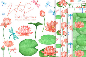 Lotus Clipart, Seamless Pattern.