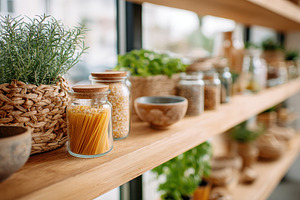 Cozy kitchen shelf with jars and herbs, a Food & Drink Photo by AlyaAnd