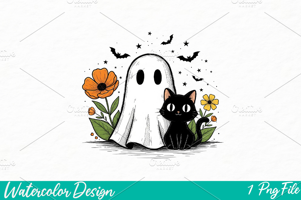 Cute Halloween Ghost and Cat Png, an Illustration by Watercolor design (Photo 1 of 3)