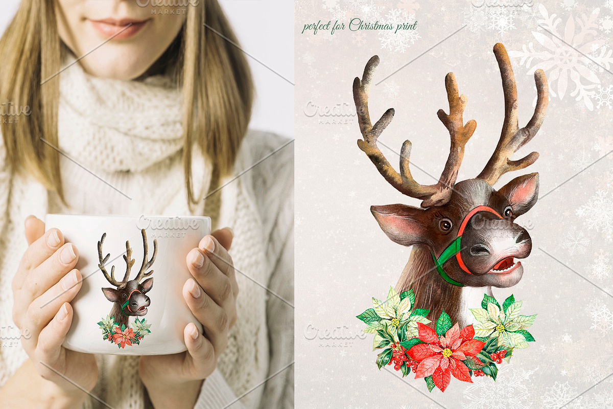Santa, reindeer watercolorclipart., a Decorative Illustration by SavinV (Photo 5 of 7)