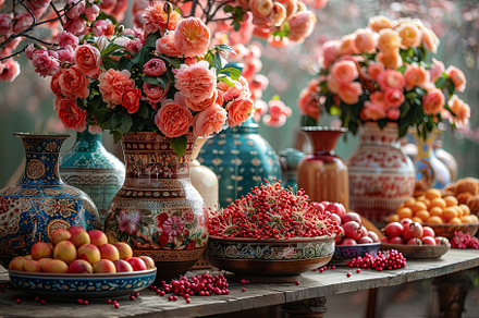 Still life with flowers and fruits in ceramic vases on wooden ta, a Photo by AS photostudio