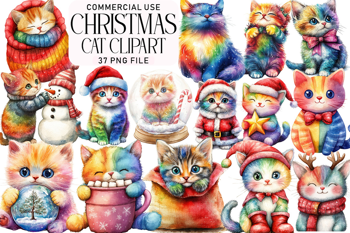 Rainbow Christmas Cat Clipart, an Illustration by Daily.Designs (Photo 1 of 5)