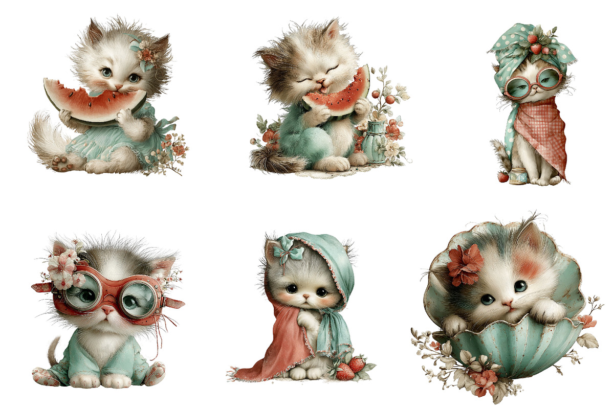 Whimsical Summer Cat Clipart, an Illustration by CreationArt (Photo 2 of 7)