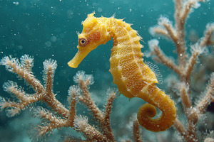 Yellow seahorse on coral reef underw, a Photo by Pixeness Studio