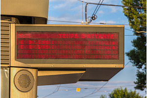 Illuminated indicator board of waiting time of trams in Strasbou, a Technology Photo by Leonid Andronov