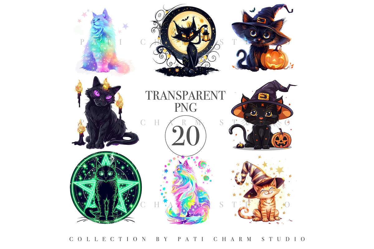 20 PNG Halloween Witch Cat Clipart, an Animal Illustration by Pati Charm Studio (Photo 1 of 7)