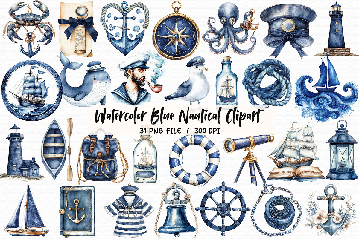 Watercolor Blue Nautical Clipart, an Illustration by Libby Wishes (Photo 1 of 6)