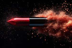 Bright red lipstick in dynamic motio, a Photo by Tanuart