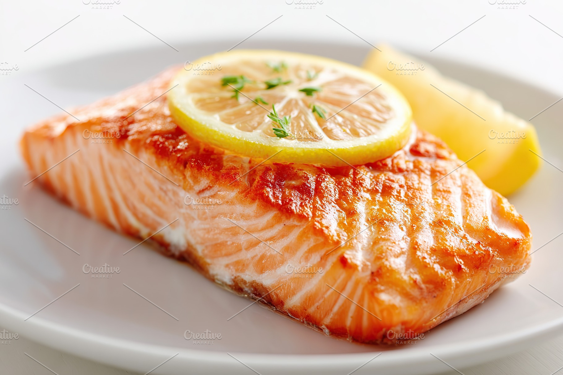 Grilled salmon fillet with lemon slice served on a white plate for a healthy me, a Food & Drink Photo by AlyaAnd