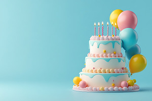 Illustration of tiered birthday cake with party balloons and candles, a Food & Drink Photo by AlyaAnd